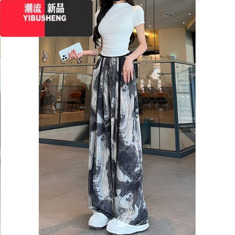 YIBUSHENG冰丝凉凉裤防晒休闲减龄直筒裤女季薄款碎花印花飘带阔腿阔腿裤