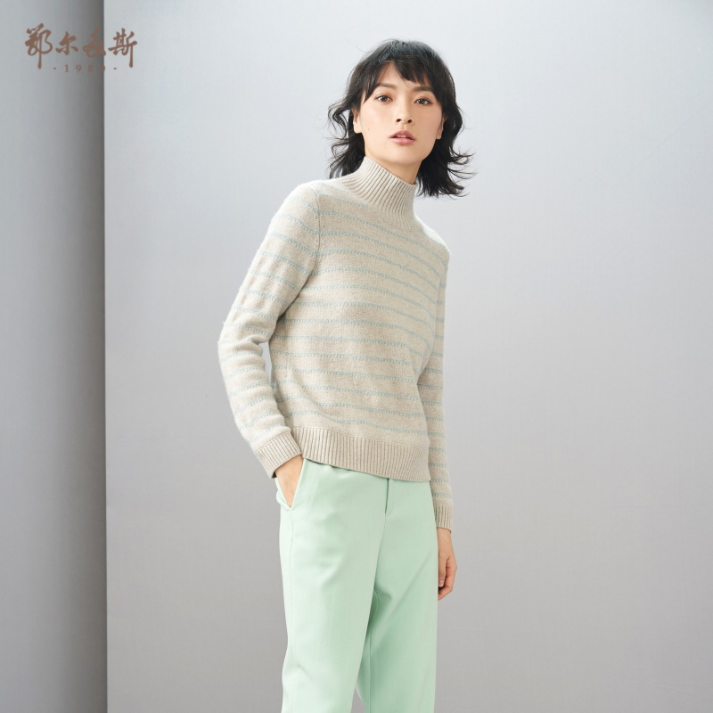 鄂尔多斯1980 半高领条纹女士羊绒衫针织衫纯羊绒修身