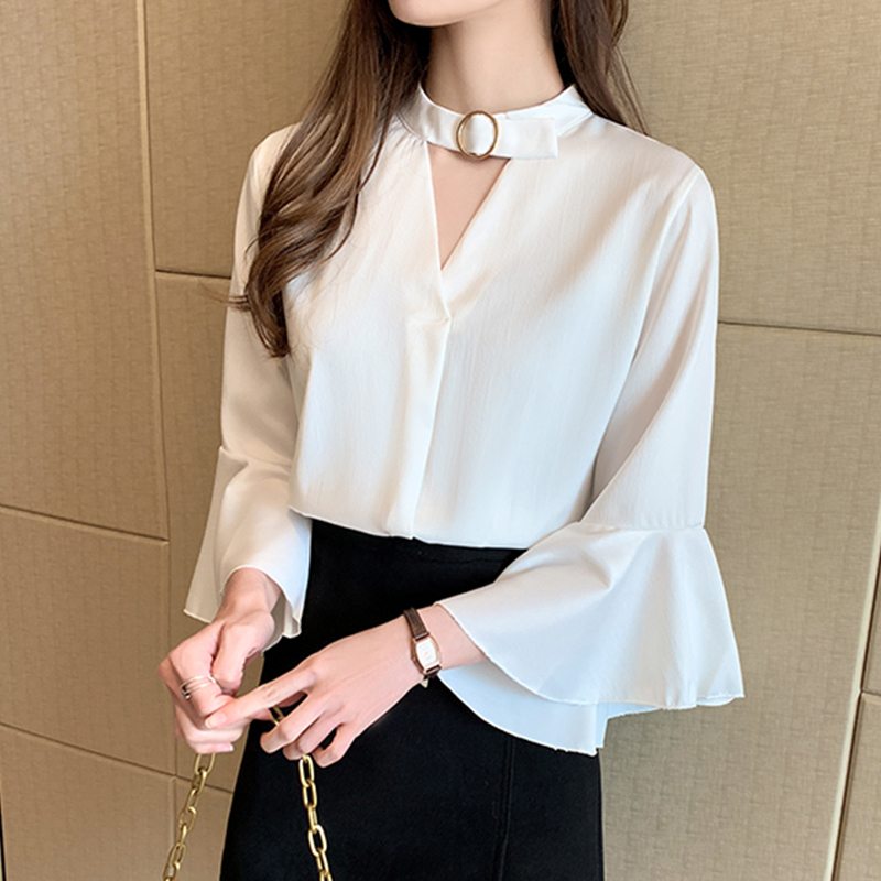 千雅薇衬衫女韩范2020春装新款韩版百搭荷叶边v领设计感衬衫女上衣l
