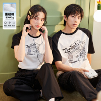 [1折价29元]唐狮夏季七夕情侣插肩袖圆领男纯棉g重磅短t恤情侣装衣服y