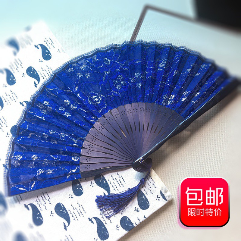 蕾丝扇子日式折扇折叠花边贝壳扇女式扇子折扇竹质工艺扇 三维工匠 蕾丝葵形扇(纯白色)高清大图