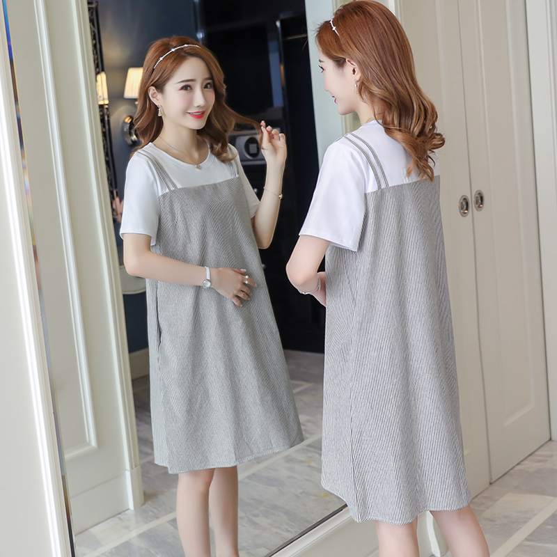 尼曼孕妇连衣裙时尚宽松孕妇春装夏装假两件上衣中长款孕妇装夏天裙子