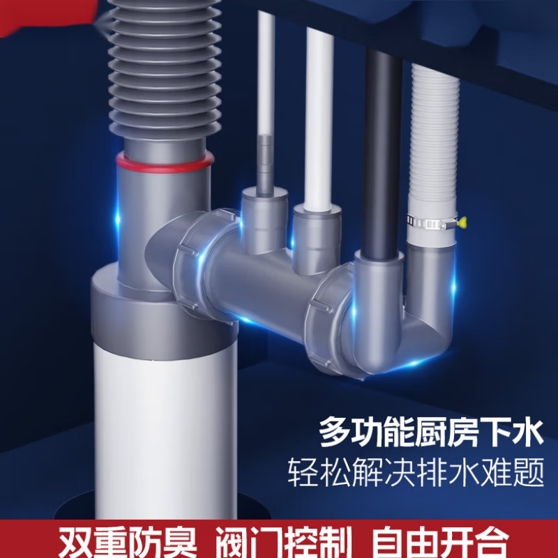 厨房下水管三通防臭神器水槽净水器洗碗机排水管75多功能接头下水管+净水器+前置过滤器(三通排水接头)高清大图