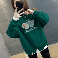 假两件秋冬款上衣时尚不规则宽松显瘦ins加绒/不加绒百搭女士卫衣 M建议100斤内 薄款-透明爱心【墨绿色】