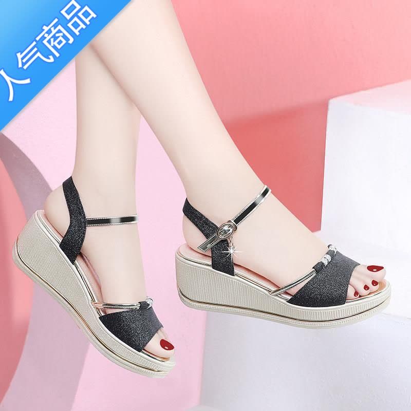 SUNTEK坡跟凉鞋女2023年夏季新款百搭中跟防滑厚底舒适高跟仙女时尚女鞋图片