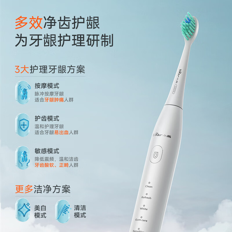 小熊(Bear)电动牙刷 牙医推荐声波震动牙刷 情侣款礼物 情人节送女友送男友 深度清洁便携 C02T5【白】