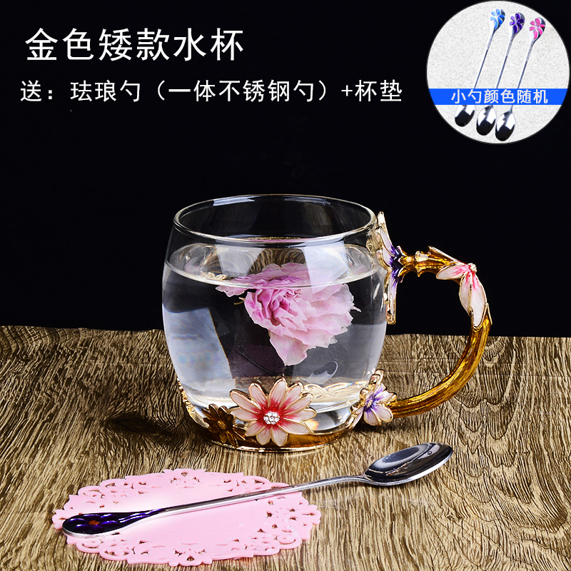 珐琅彩水杯花茶杯果汁杯耐热玻璃杯泡茶杯咖啡杯情侣杯创意杯子女日用家居