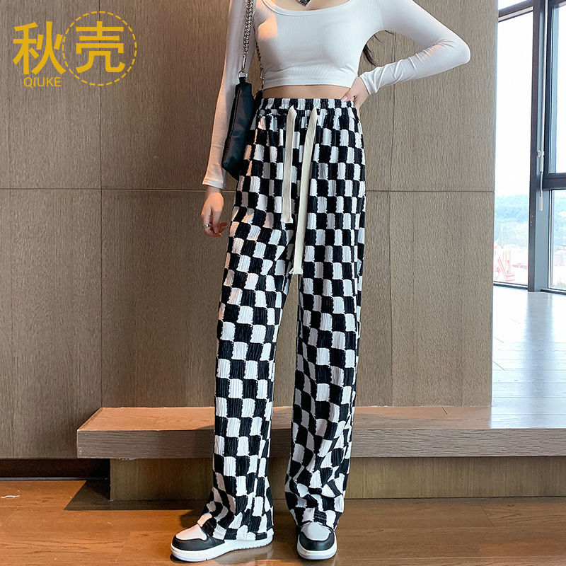 秋壳2022年夏季新款ins风松紧系带黑白格运动裤休闲显瘦直筒裤女