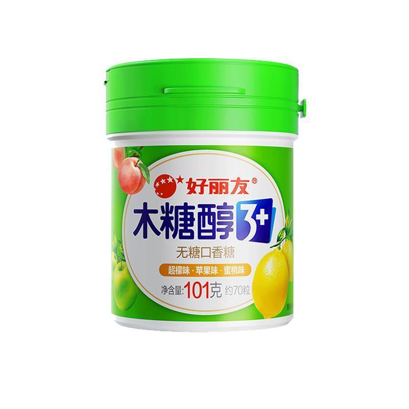 好丽友无糖口香糖101g*4罐木糖醇3+薄荷水果味花香味软糖清新口气大瓶装[绿瓶]超檬苹果蜜桃味*4罐