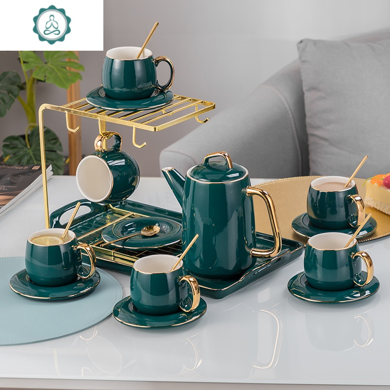 祖母绿水具陶瓷套装水壶家用客厅耐热水杯水壶咖啡茶具套装 封后 绿油