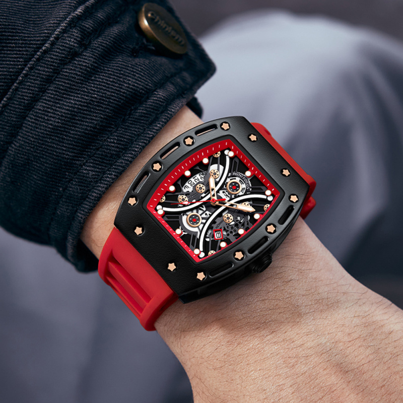 minifocus品牌手表霸气酒桶男表弧面镜镂空面运动男手表