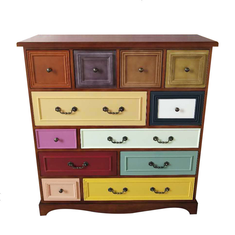 嘉卉美式复古斗柜实木地中海抽屉式收纳柜储物客厅做旧彩色五斗橱卧室
