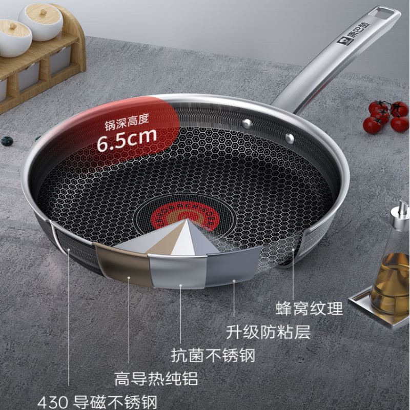 康巴赫煎锅不粘锅抗菌不锈钢平底锅双蜂窝锅红点灶具通用KGH-J28A