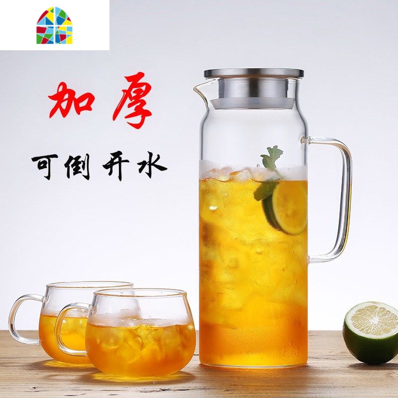 凉水壶玻璃冷水壶套装凉水杯耐热高温过滤泡煮花茶家用大号果汁壶 FENGHOU 2L壶+2园趣单杯高清大图