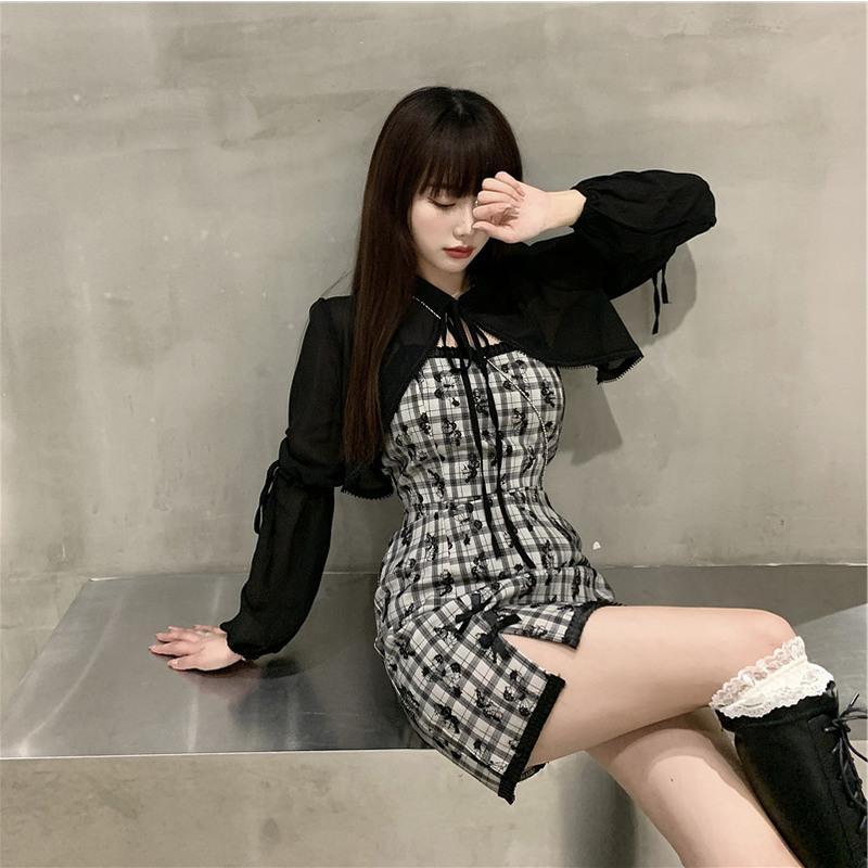 设计感小众大码胖mm格子连衣裙2021新款春网纱罩衫吊带裙两件套女 披肩 S[建议70-85斤]