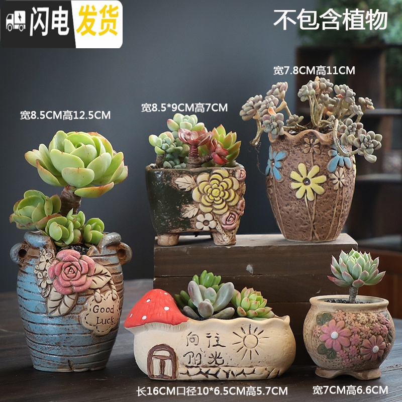 三维工匠多肉花盆陶瓷粗陶透气家用肉肉植物创意大口径创意小花盆 窑变HS陶盆组合6个 小花盆容器