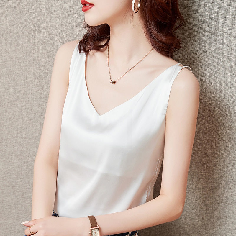 真丝吊带背心女内搭外穿西装白色缎面桑蚕丝性感上衣夏打底小吊带米