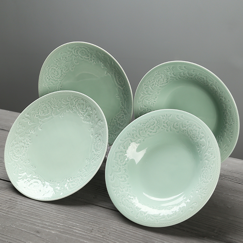 苏氏陶瓷 SUSHI CERAMICS 青瓷釉陶瓷盘花开富贵汤盘子4件套装餐具