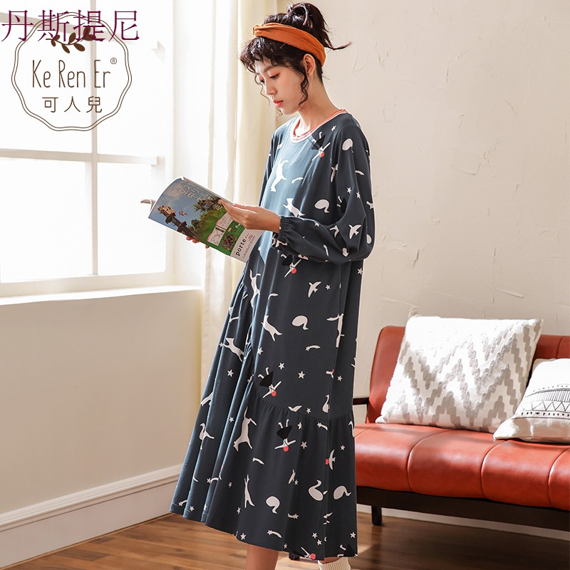 秋冬纯棉女士长袖睡衣可爱卡通印花宽松大码长款睡裙家居服