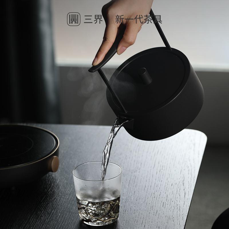 三界茶具 西壶电陶炉复古烧水壶 简约创意不锈钢煮茶壶家用泡茶烧水煮茶器迷你壶(黑色)