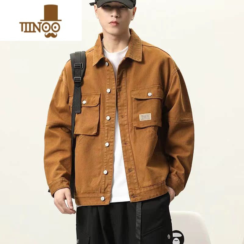 YANXU美式复古多口袋牛仔外套男潮牌宽松百搭工装夹克2023秋季上衣高清大图