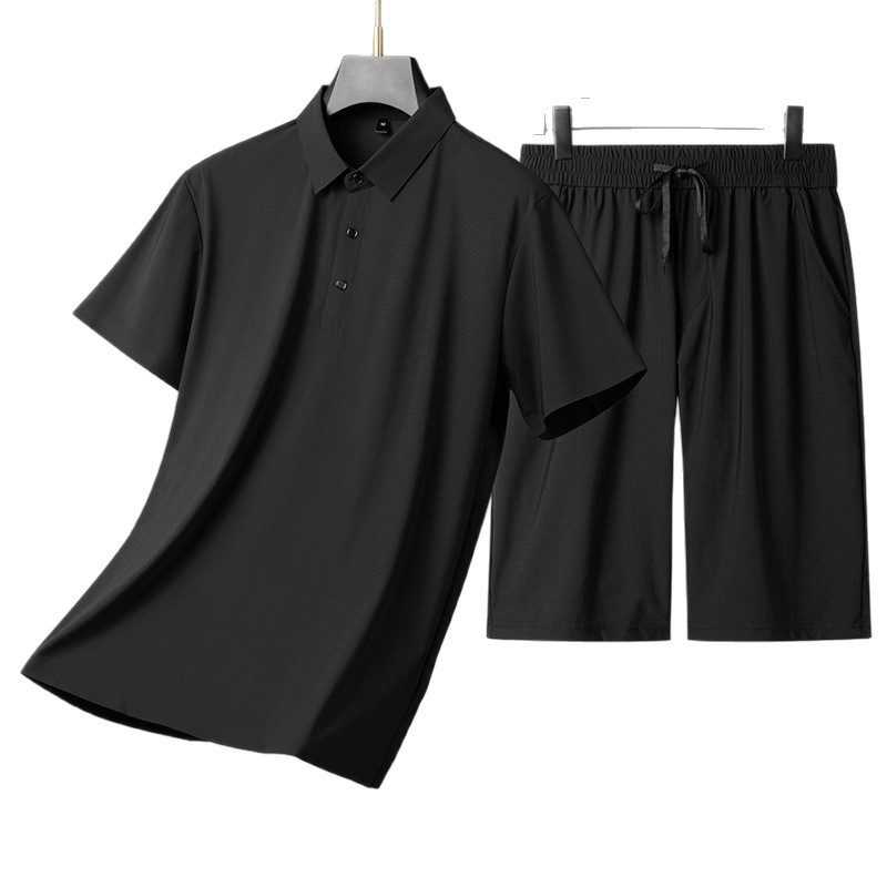 啄木鸟冰丝凉无痕短袖短裤套装夏季中老年男士薄款透气休闲爸爸装高清大图