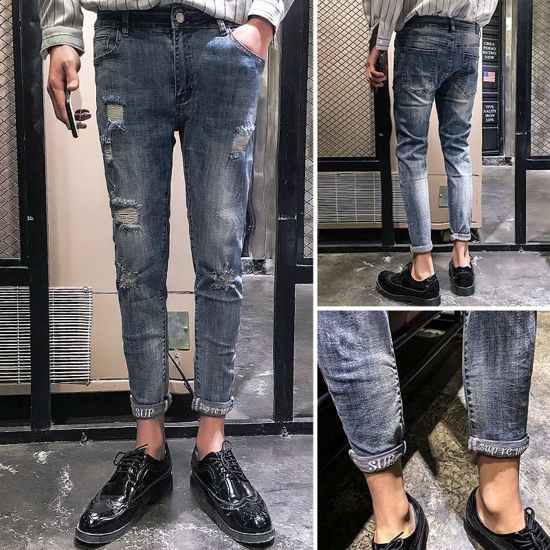 2018春夏年轻青年韩版修身小脚牛仔九分裤男刺绣英文字母潮男裤子