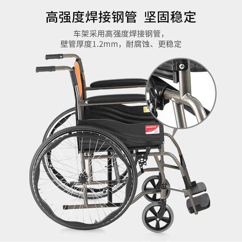 鱼跃轮椅车H050新型家用全钢管加固型可折叠手动轮椅普通轮椅脚踏板可拆缷;防后滑鱼跃鱼跃(YUWELL)高清大图
