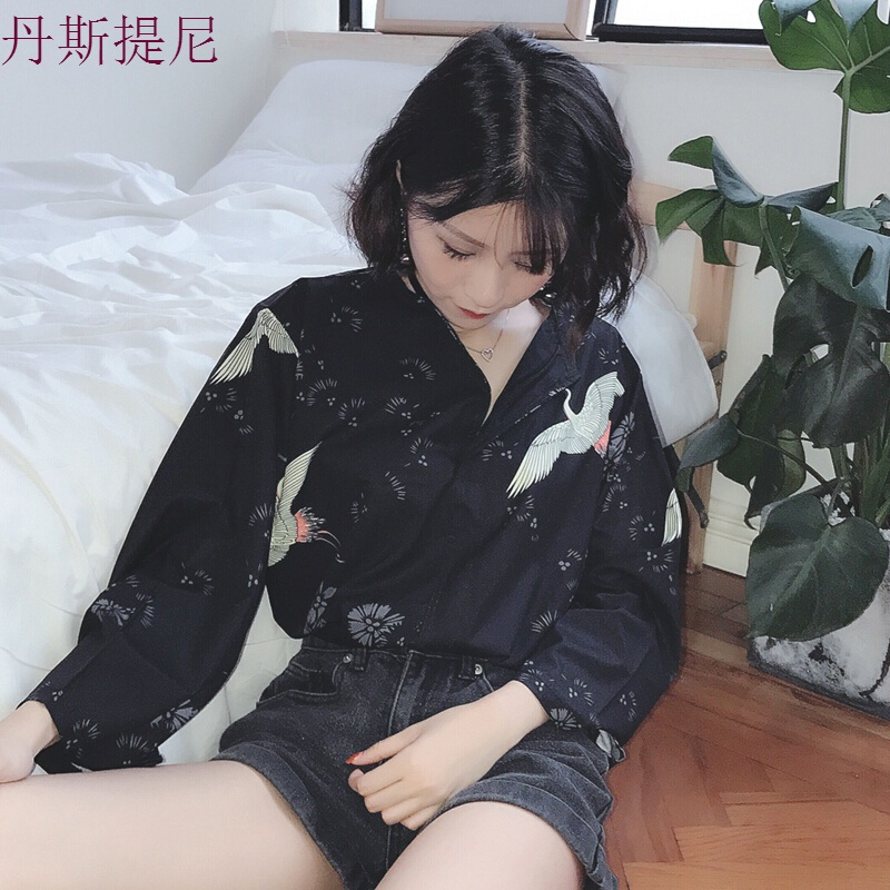 夏装女装韩版原宿风个性仙鹤长袖雪纺衫薄款衬衫防晒衣宽松上衣潮 图片色 均码