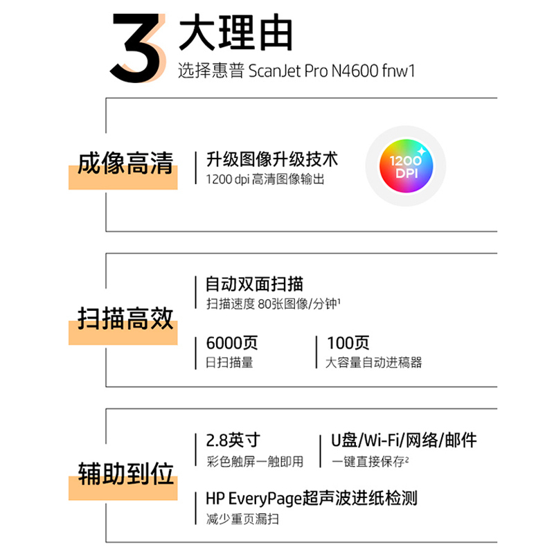 惠普(hp)2600f1平板馈纸式扫描仪高速扫描USB接口+25页速度+按键办公文件快速连续自动进纸A4双面扫描不降速
