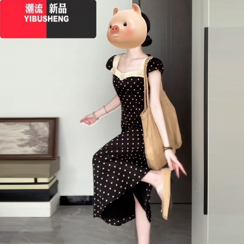 YIBUSHENG茶歇法式气质黑色显瘦波点连衣裙子女季2024新款韩系高级感长裙