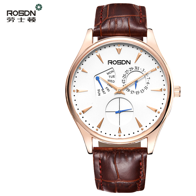 劳士顿rosdn男表时尚潮流男表商务休闲真皮带石英防水手表男3188