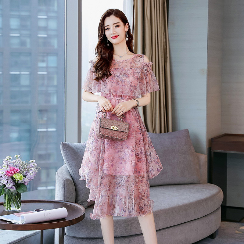 女士新品女装夏装修身长款连衣裙女雪纺荷叶边喇叭袖中袖碎花长裙