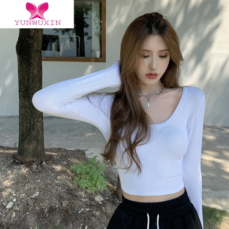 YUNWUXIN白色t恤女长袖2022秋装纯色内搭打底衫短款紧身露脐低领上衣