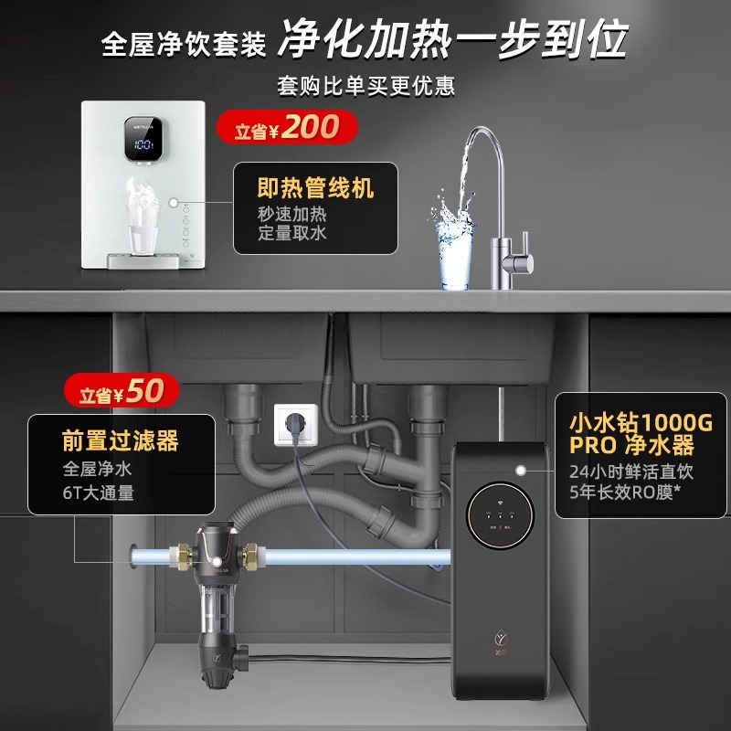[二件套]沁园净水器UR-A51040i配净热管线机5412家用厨房自来水直饮机反渗透小水钻Pro官方旗舰店1000G