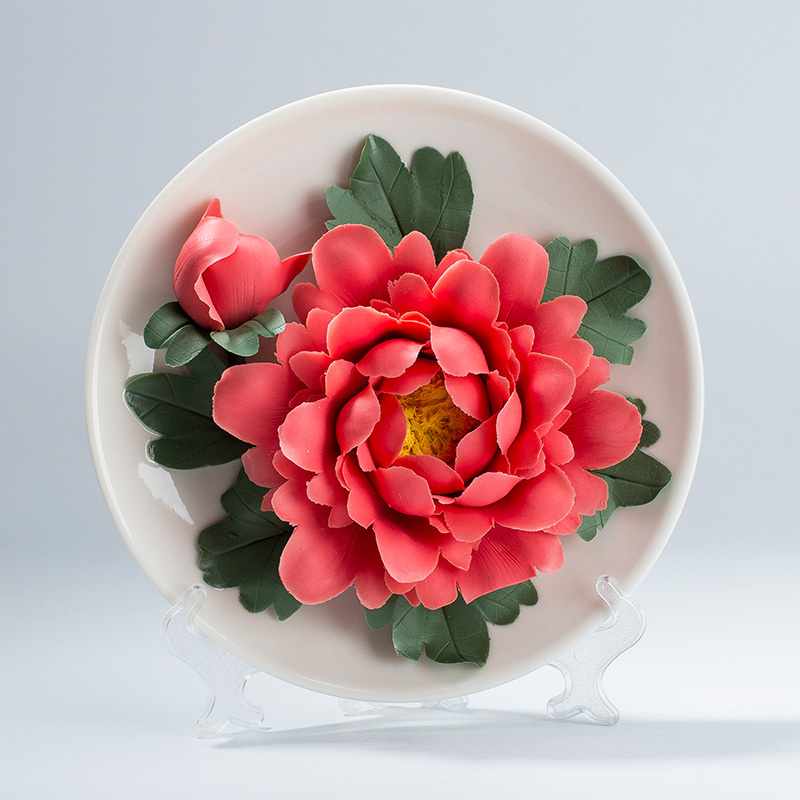 艺术花卉挂盘工艺礼品洛阳牡丹花陶瓷花盘 结婚创意客厅装饰摆件 三维