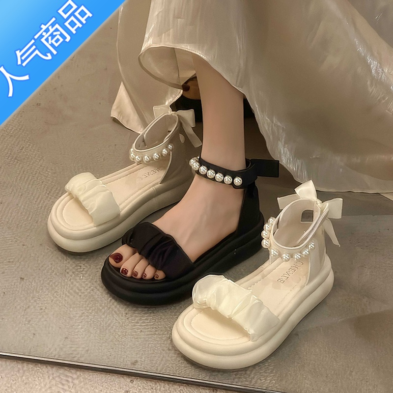 SUNTEK网红配裙子厚底凉鞋女2023夏季新款时尚气质珍珠今年流行的罗马鞋