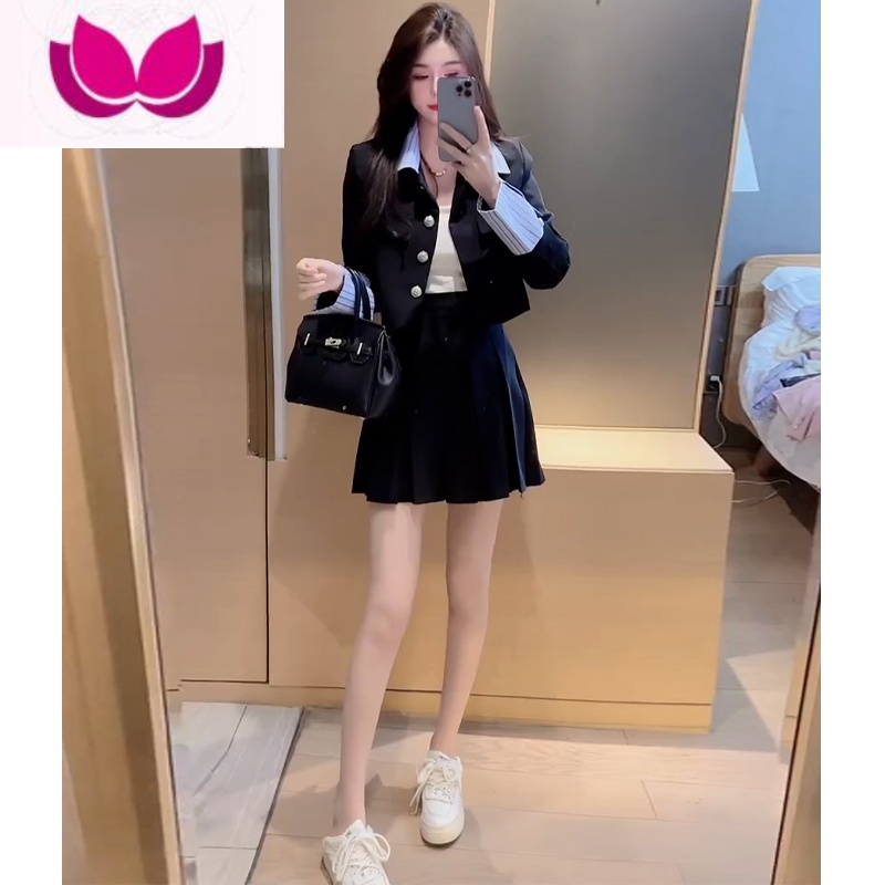 七斓小香风高级感套装裙女春季2023新款气质西装短外套+百褶裙套 L(建议110-120斤) 黑色套装
