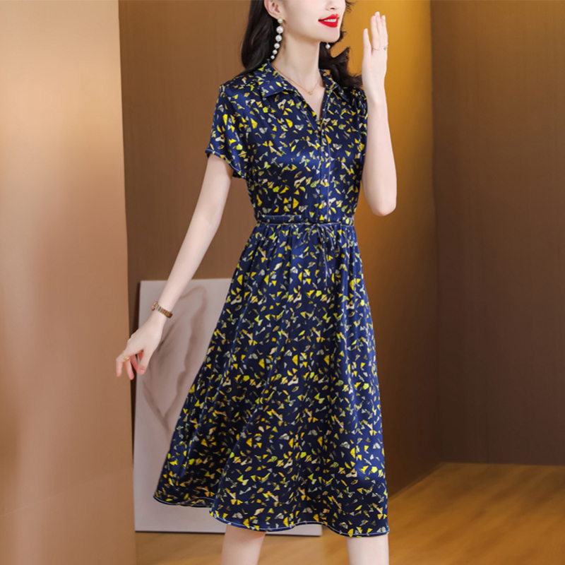 碎花真丝连衣裙女装2024夏季新款中年妈妈收腰大码显瘦桑蚕丝裙