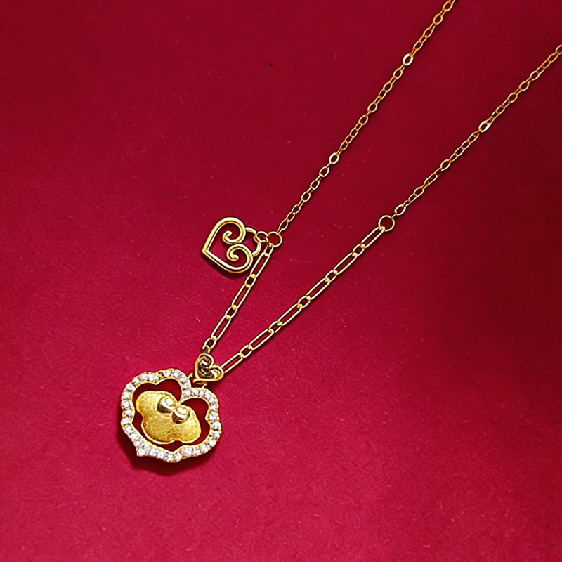 北京黄金 S925 银镶石拉丝福锁套链 国风如意锁 送女友礼物高清大图