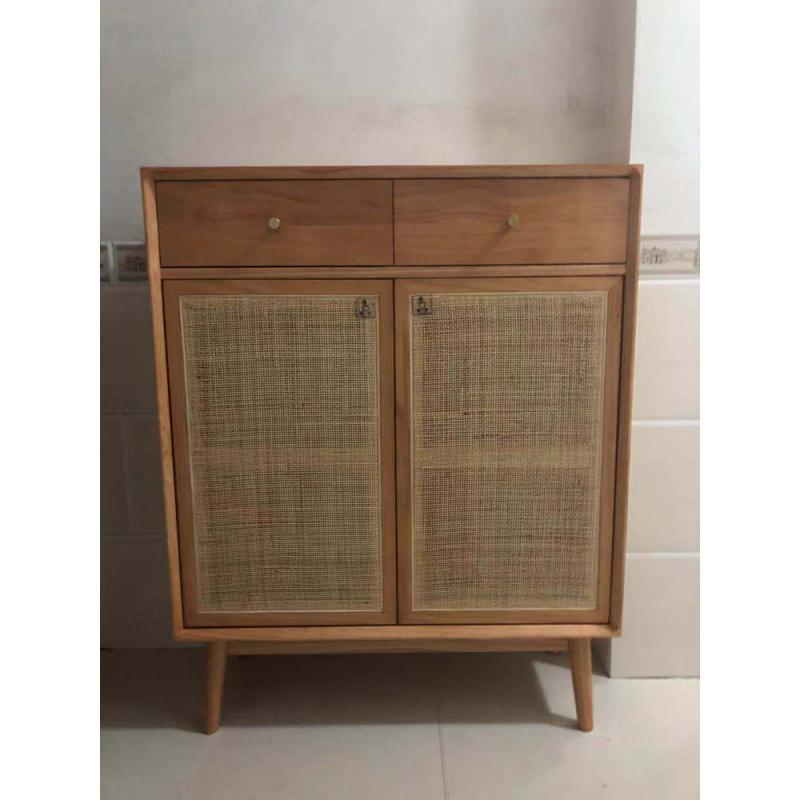 森美人实木藤编鞋柜北欧家用口玄关柜大容量日式储物柜现代简约厅柜 款式5：樱桃色88*33*114组装