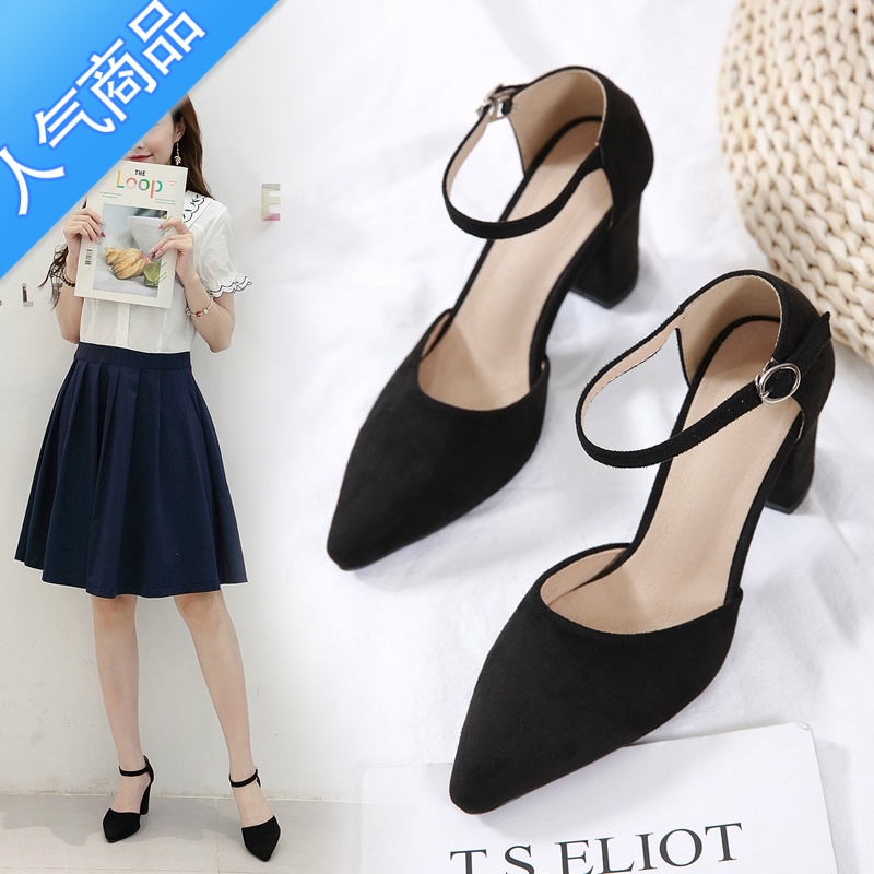 SUNTEK中空鞋学院职业黑色尖头中跟一字扣带高跟粗跟包头凉鞋女小码单鞋高清大图