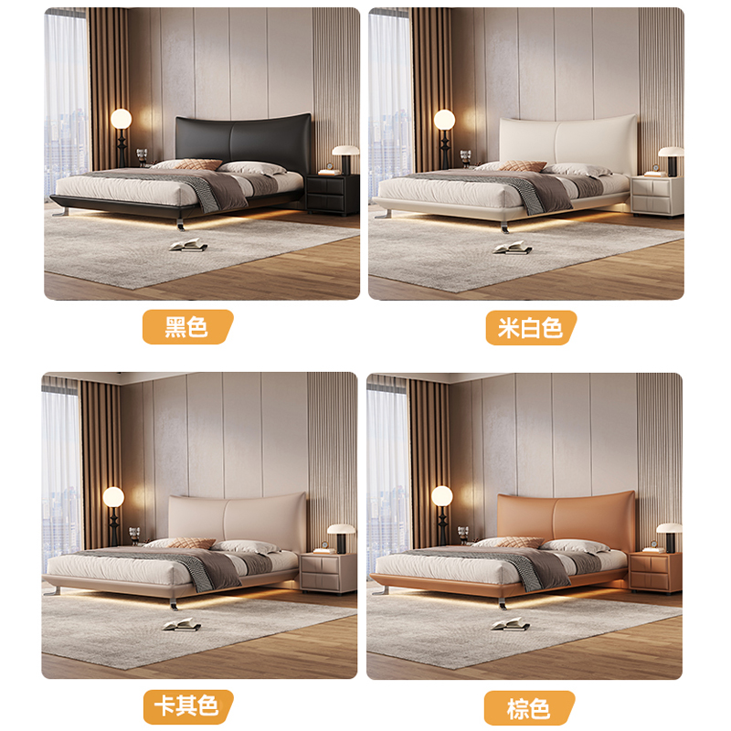 意式真皮床轻奢现代简约双人床主卧鸭子脚满铺悬浮床家用软包婚床高清大图