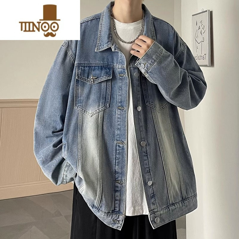 YANXU牛仔外套男潮牌美式高街夹克男翻领痞帅水洗复古褂衣服