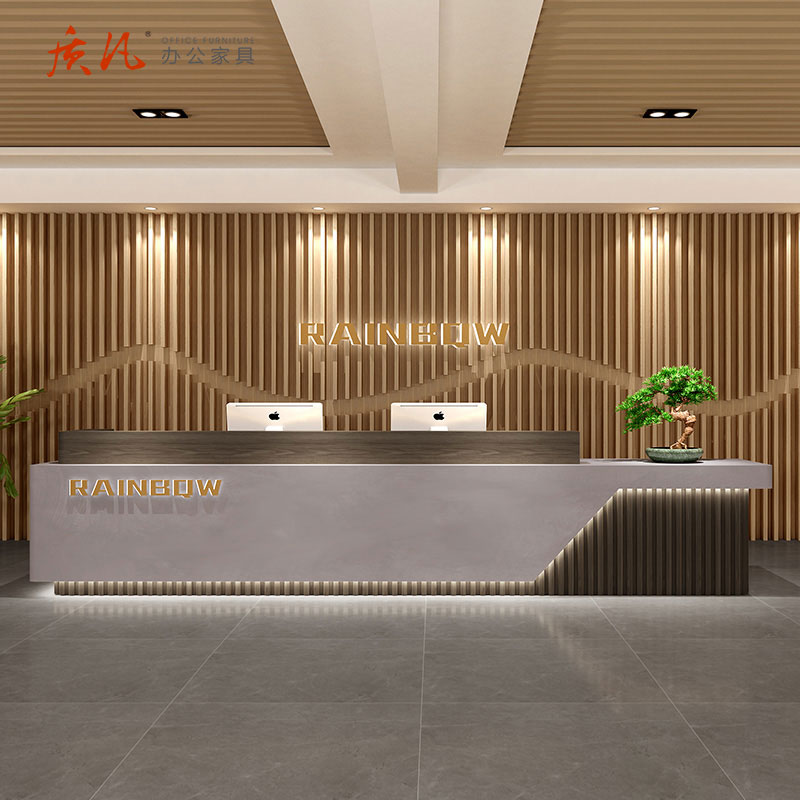 质凡公司前台接待台酒店培训机构吧台桌收银台 阿玛尼灰+原木色7000*600*1000mm高清大图
