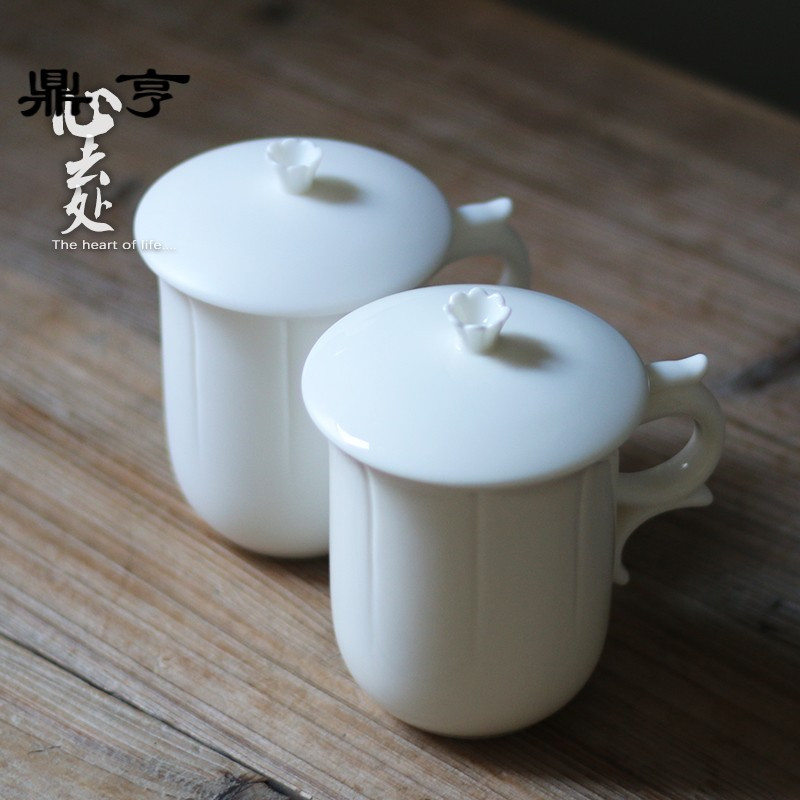 鼎亨龙凤杯 素烧德化白瓷茶杯手柄带盖办公会议陶瓷水杯 老板主人