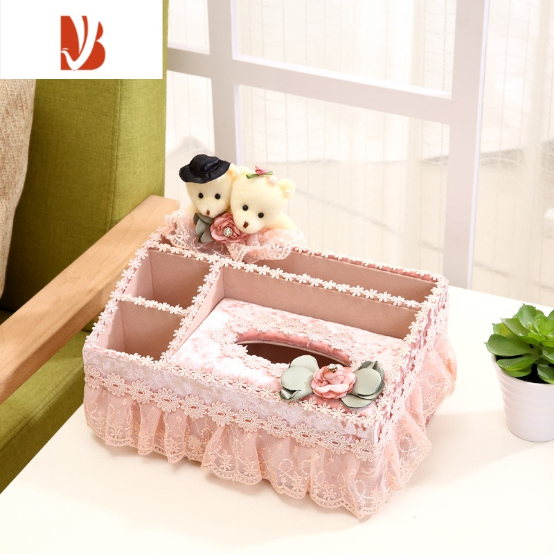 三维工匠纸巾盒抽纸盒家用客厅餐厅可爱茶几遥控器收纳盒布艺纸抽盒简约 花颜熊粉色大号多功能纸巾盒、