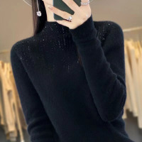 秋冬新款镶钻半高领针织衫女修身抽条长袖毛衣打底衫时尚洋气 大码【125-155】 黑色