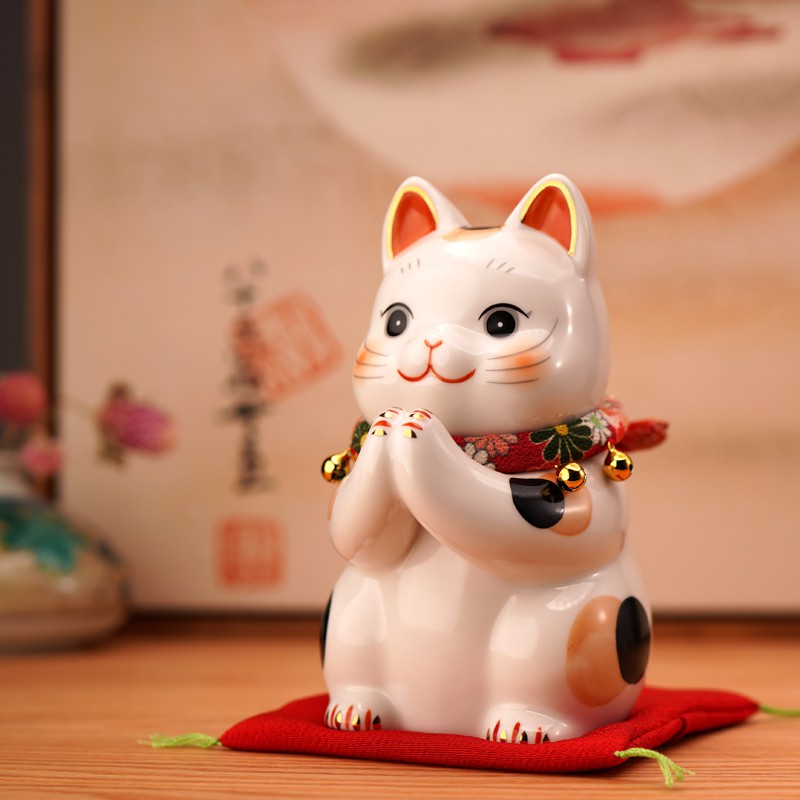 日本正版祈愿可爱猫陶瓷创意摆件 开业生日结婚 三维工匠 7291高12.5CM猫高清大图