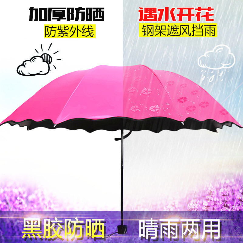 奕辰黑胶遇水开花雨伞 防晒黑胶晴雨两用三折叠太阳伞女士遮阳伞